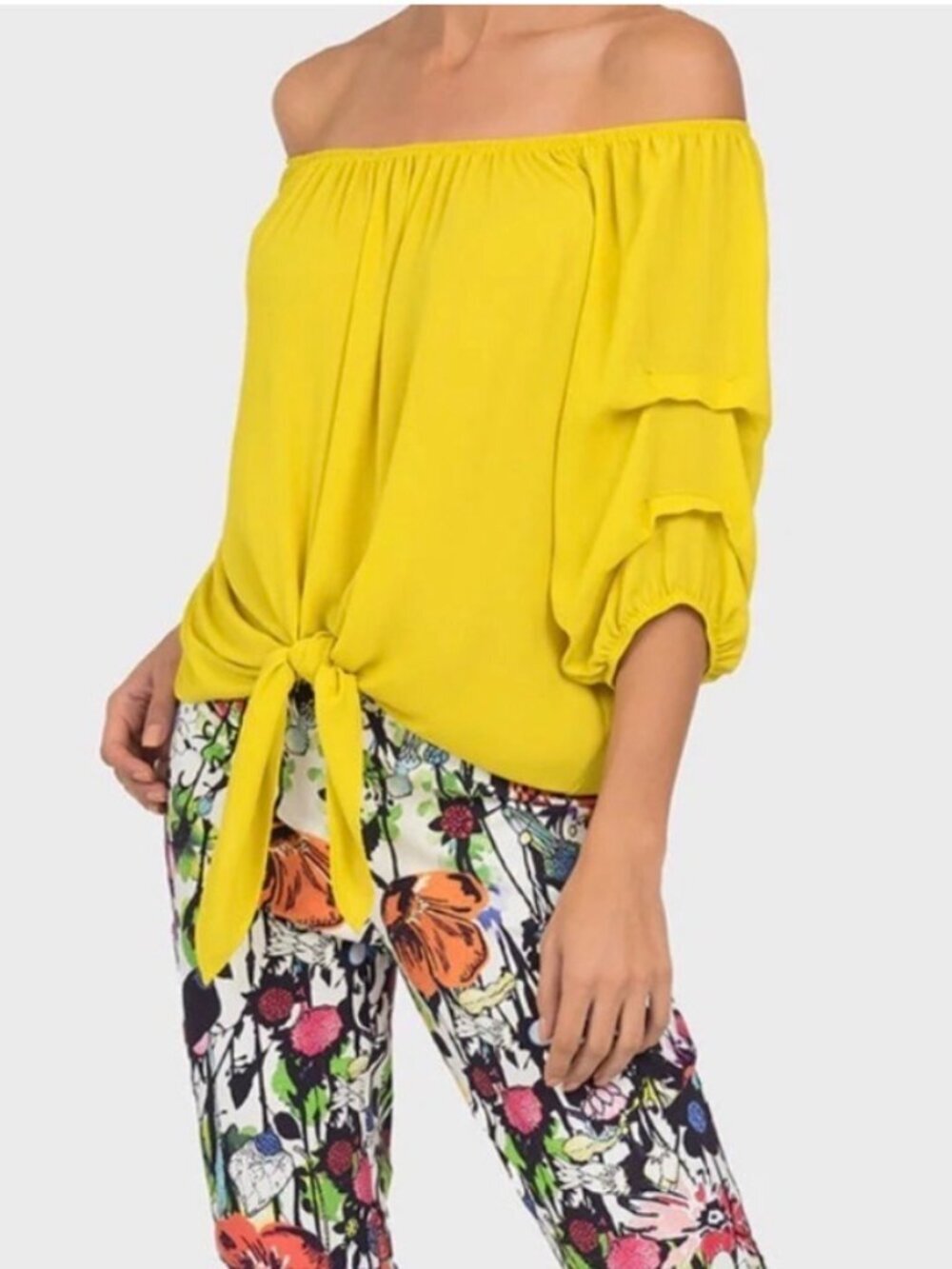JOSEPH RIBKOFF Off Shoulder Tie Front Top Lime Chartreuse 6